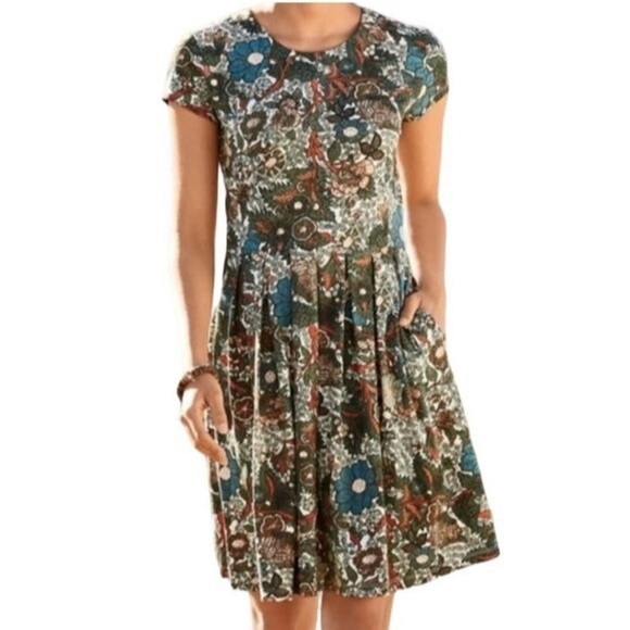 Peruvian Connection Womens Wanderlust Floral Jersey Short Sleeve Pleated Dress L - Picture 1 of 15